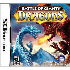 Game cover for 'Battle of Giants: Dragons' on Nintendo DS with two dragons, one blue and one red, and Ubisoft logo.