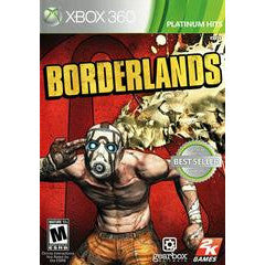 Box art for the game 'Borderlands' on Xbox 360 with a character holding a gun and the title prominently displayed.