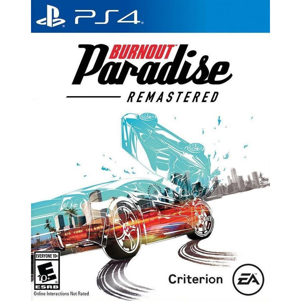 Game cover of 'Burnout Paradise Remastered' for PS4 with car and cityscape design.
