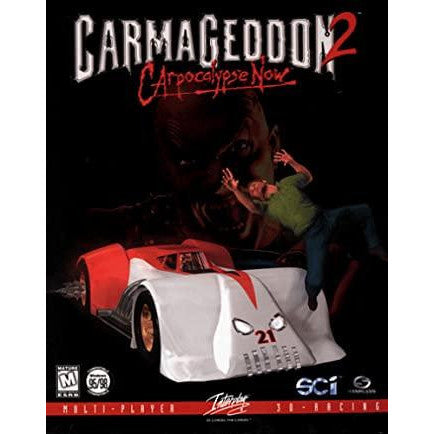 Cover of Carmageddon 2: Carapocalypse Now with a car and person on a dark background