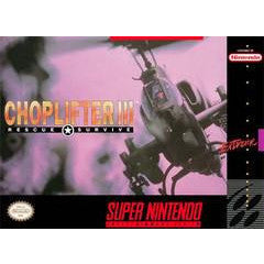 Super Nintendo game cartridge for 'Choplifter III' with a pink and black design.