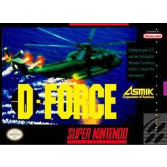 Super Nintendo Entertainment System game cartridge for 'D Force' with a helicopter and flames on the cover.