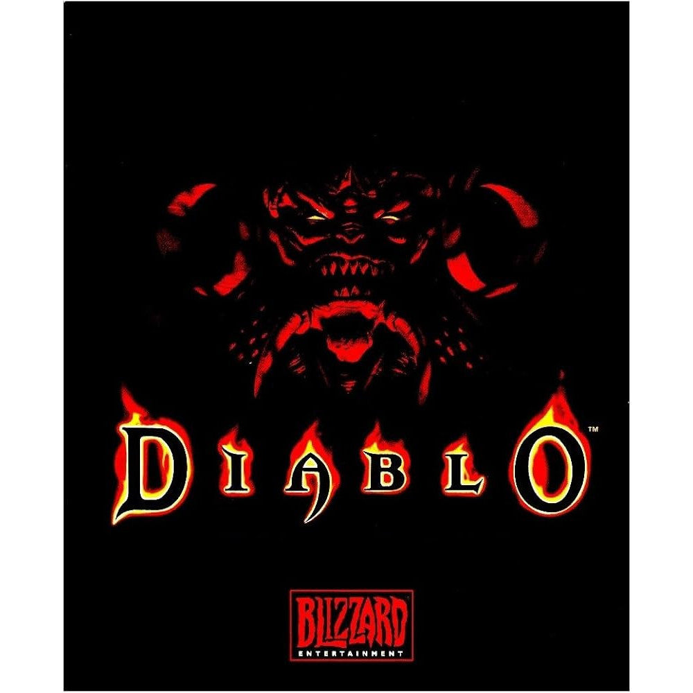 Diablo logo with a demon face on a black background, featuring the Blizzard Entertainment logo.