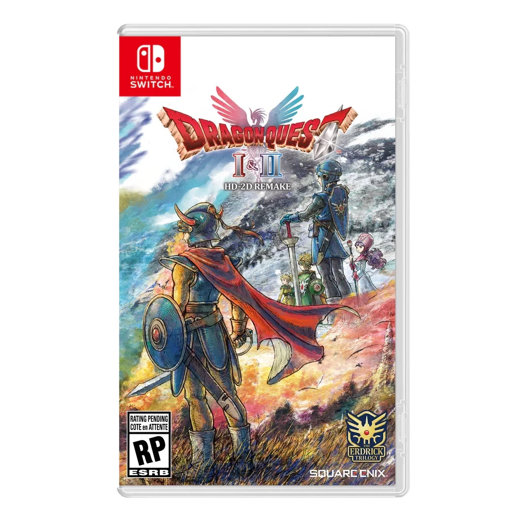 Dragon Quest I & II HD Remake game case for Nintendo Switch with characters and landscape illustration.