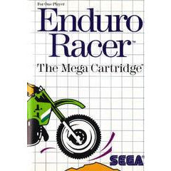 Cover of 'Enduro Racer' for Sega, featuring a green motorcycle on a grid background.