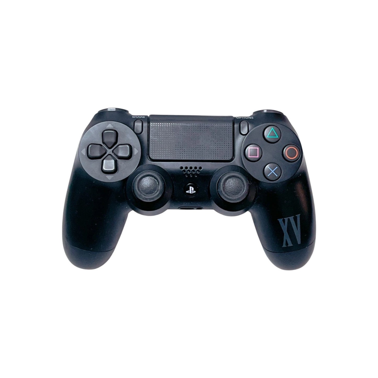 Black gaming controller on a white background