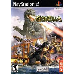 PlayStation 2 game cover featuring Godzilla with a cityscape background