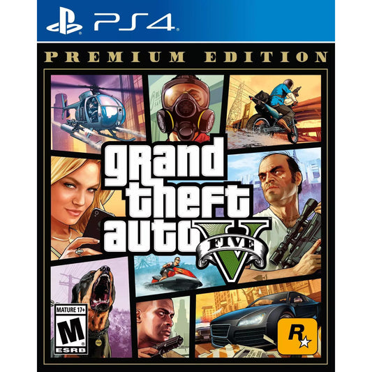 Box art for Grand Theft Auto V Premium Edition on PS4 with character portraits and vehicle images.
