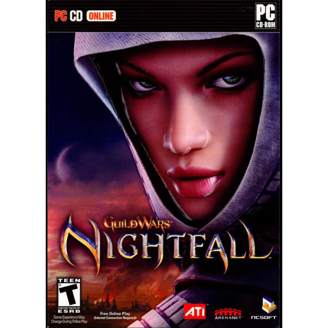 Cover of 'Guild Wars: Nightfall' game for PC with a character in a hooded outfit.