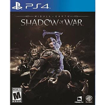 Game cover for 'Middle-earth: Shadow of War' on PS4 with characters and logo.
