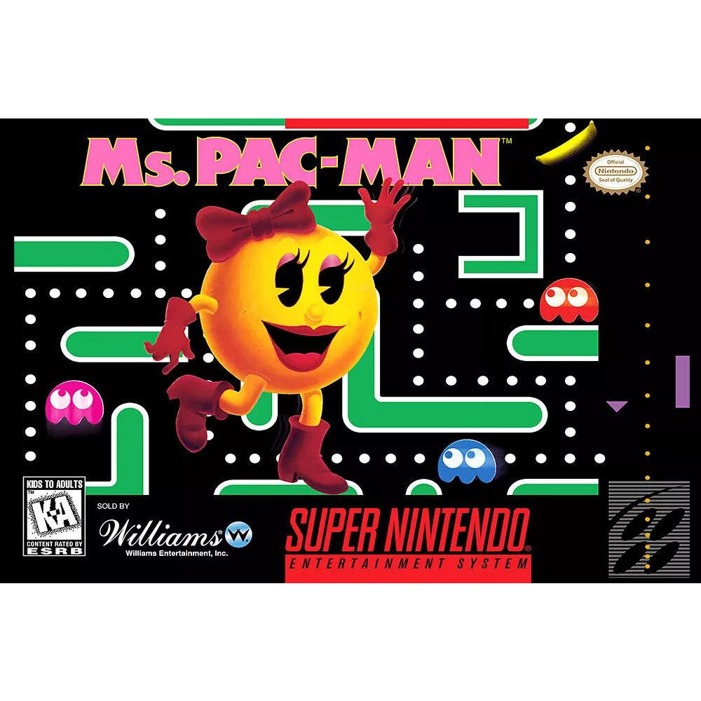 Super Nintendo Entertainment System game cartridge for 'Ms. Pac-Man'.