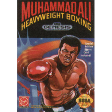 Box art of 'Muhammad Ali Heavyweight Boxing' for Sega Genesis with a boxer in action pose.