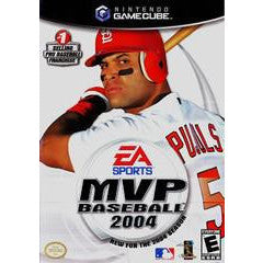 GameCube game cover for 'MVP Baseball 2004' featuring a baseball player in a red and white uniform.