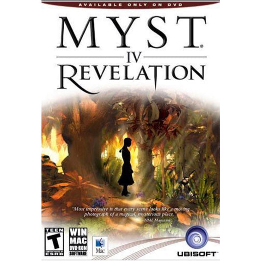 Cover of 'Myst IV: Revelation' game with silhouette and nature elements