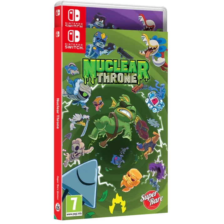Game box for 'Nuclear Throne' on Nintendo Switch with colorful characters and Super Keii logo.