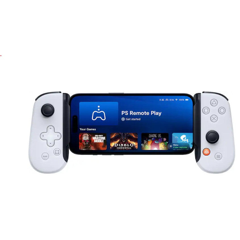 Gaming device with screen displaying 'PS Remote Play' on a white background