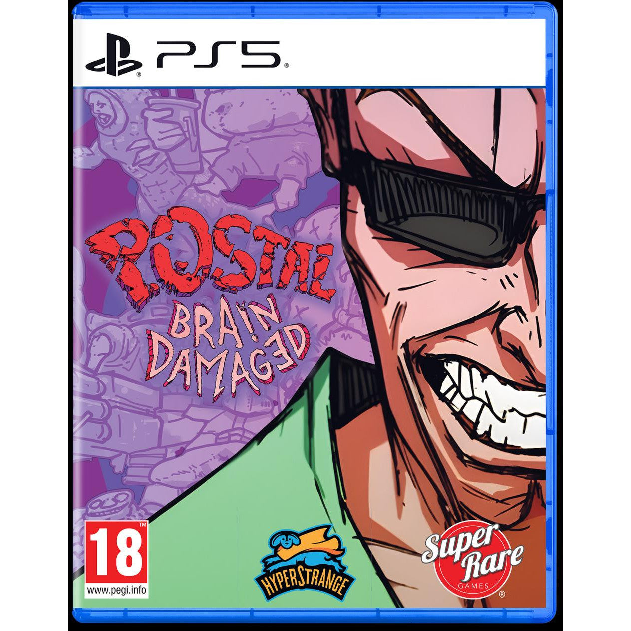 PlayStation 5 game case for 'Postal: Brain Damaged' with a stylized character and logos.