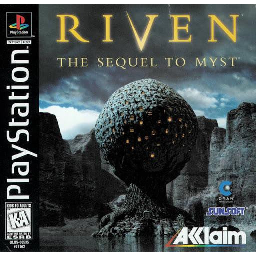 Game cover of 'Riven: The Sequel to Myst' for PlayStation with a large spherical object and rocky landscape.