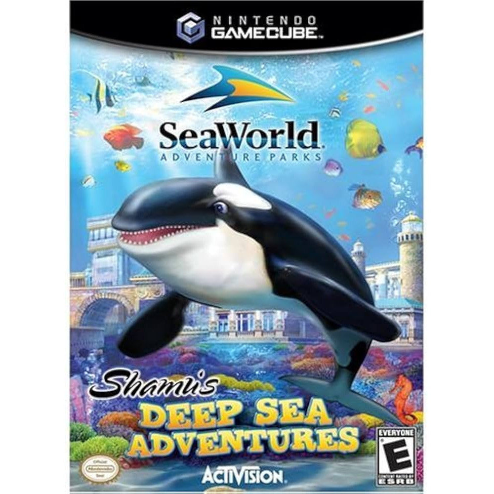 GameCube game cover for 'Shamu's Deep Sea Adventures' featuring a whale and SeaWorld branding.