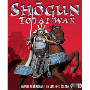Cover of 'Shogun Total War' with a samurai warrior on horseback against a red background.