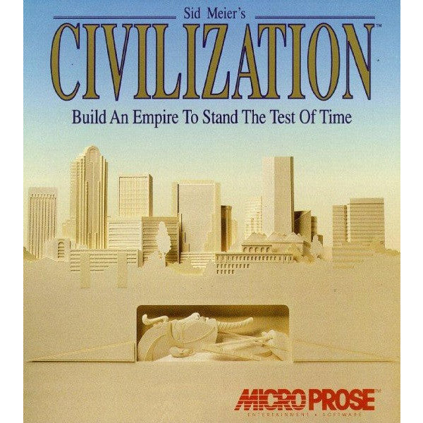 Cover of 'Sid Meier's Civilization' game by MicroProse with cityscape and text.