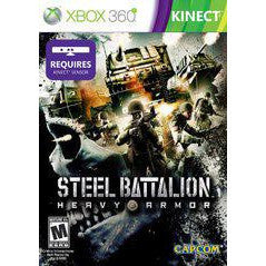 Game cover for 'Steel Battalion: Heavy Armor' requiring Xbox Kinect on a dark background with military theme.