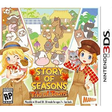 Nintendo 3DS game cover for 'Story of Seasons: Trio of Towns' with characters and animals on a colorful background.