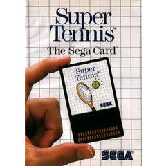 Sega Super Tennis card held by a hand with text and logo