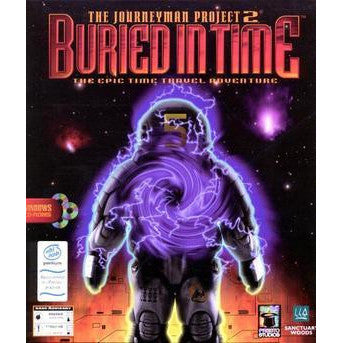 Cover of 'The Journeyman Project 2: Buried in Time' with an astronaut and space-themed design.