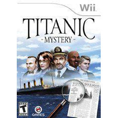 Box art for 'Titanic Mystery' game on Wii with characters and ship illustration.