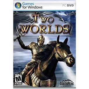 Cover of 'Two Worlds' game for Windows with a warrior and horse on a PC DVD case.