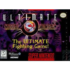 Title screen of 'Ultimate Mortal Kombat' for Super Nintendo with logo and text on a dark background.