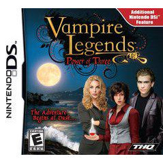 Vampire Legends: Power of Three game case for Nintendo DS with three characters and a moonlit scene.