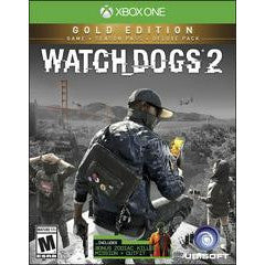 Watch Dogs 2 Gold Edition game case for Xbox One with a character holding a gun on the cover.