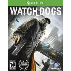 Watch Dogs game cover for Xbox One with a character holding a gun and cityscape background.