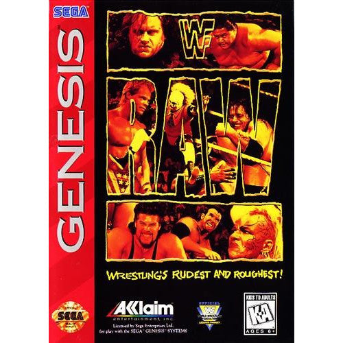 Vintage video game cover for 'WWF Raw' by Sega Genesis with wrestler images and branding.