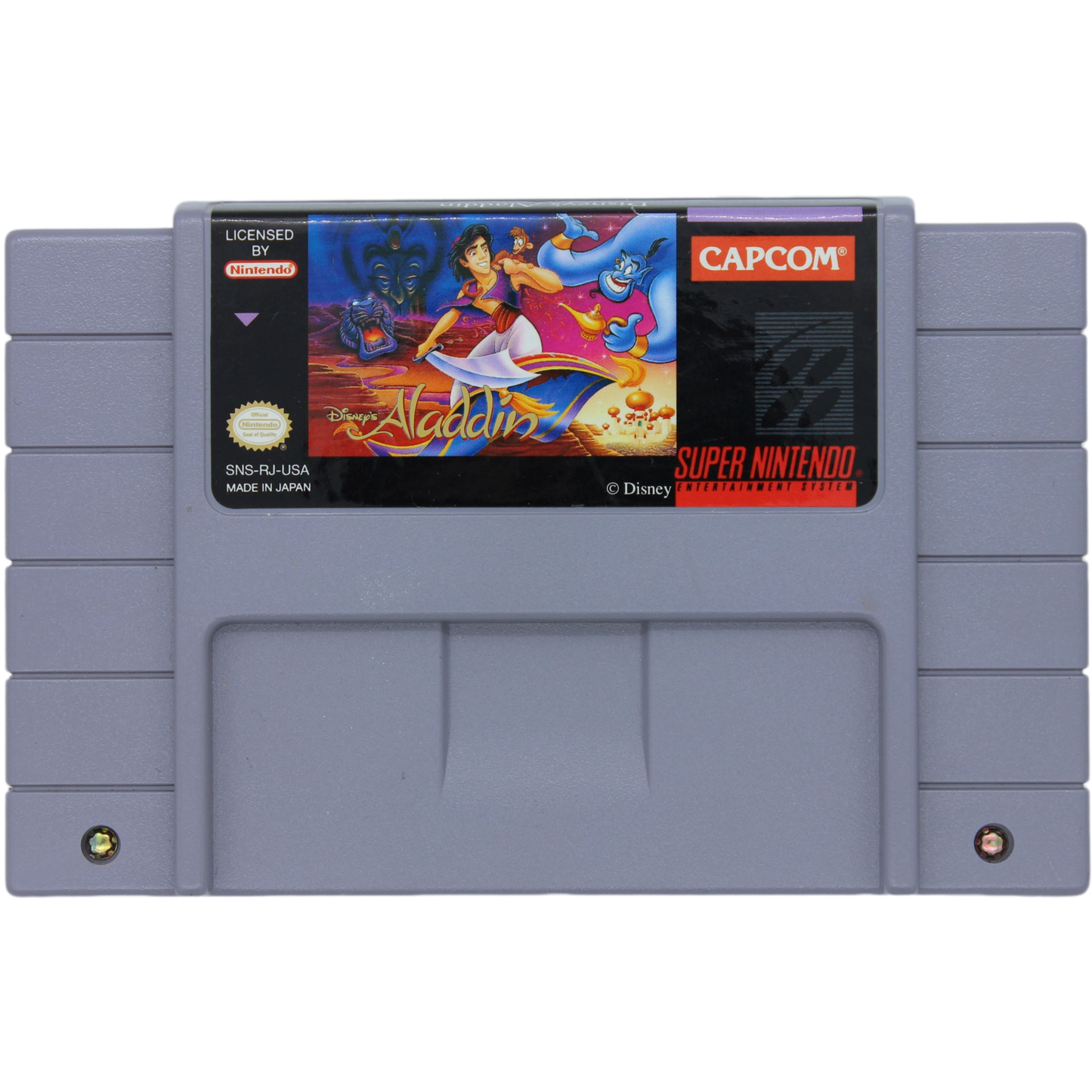 Super Nintendo Entertainment System game cartridge for 'Aladdin' with Capcom logo