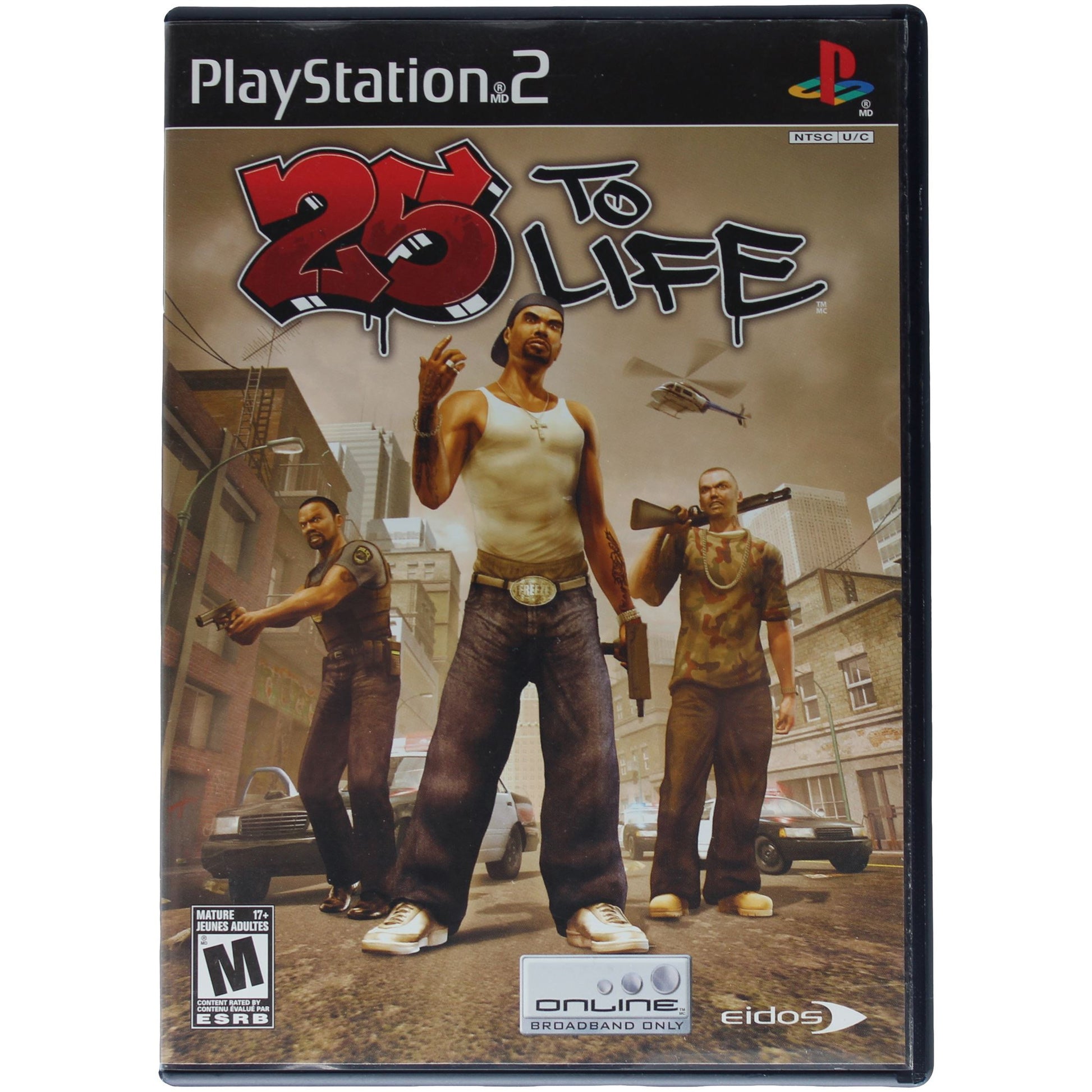 Game case for '25 to Life' for PlayStation 2 with characters on a city street.