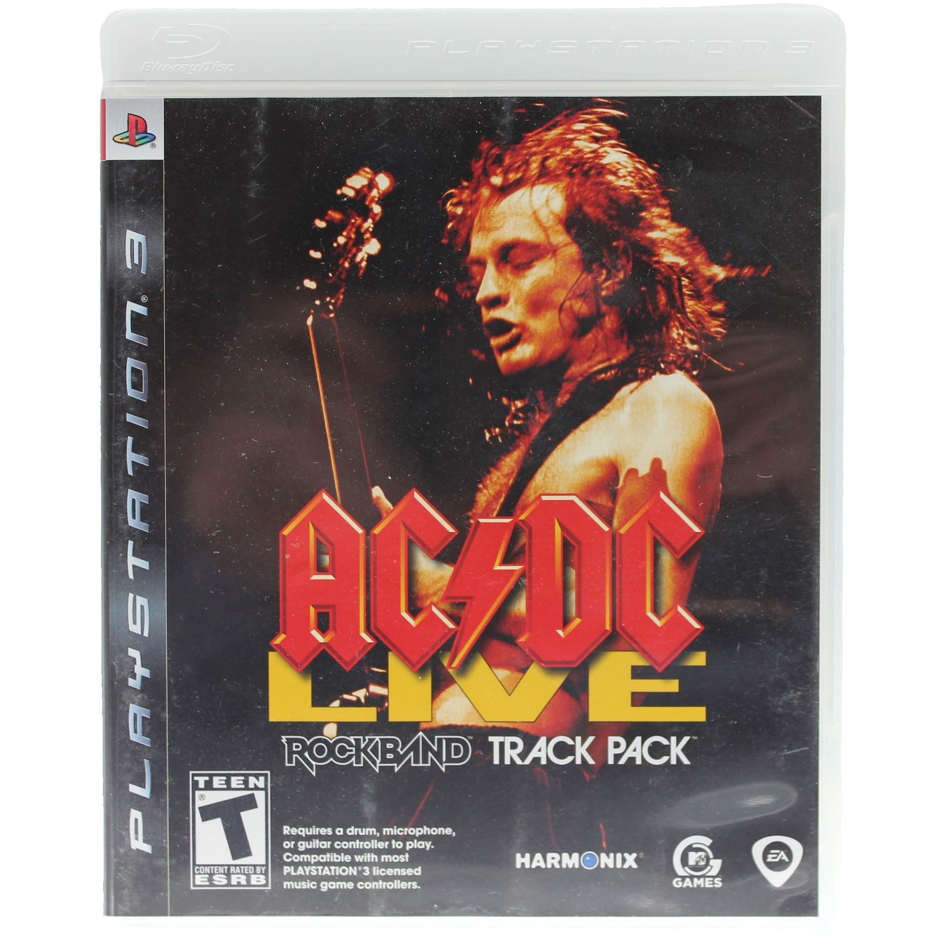 PlayStation 3 game cover for AC/DC Live Rock Band Track Pack featuring a musician with a guitar.