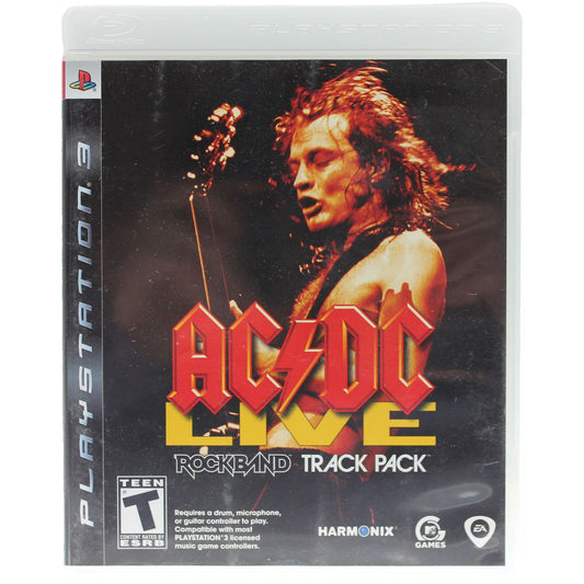 PlayStation 3 game cover for AC/DC Live Rock Band Track Pack featuring a musician with a guitar.