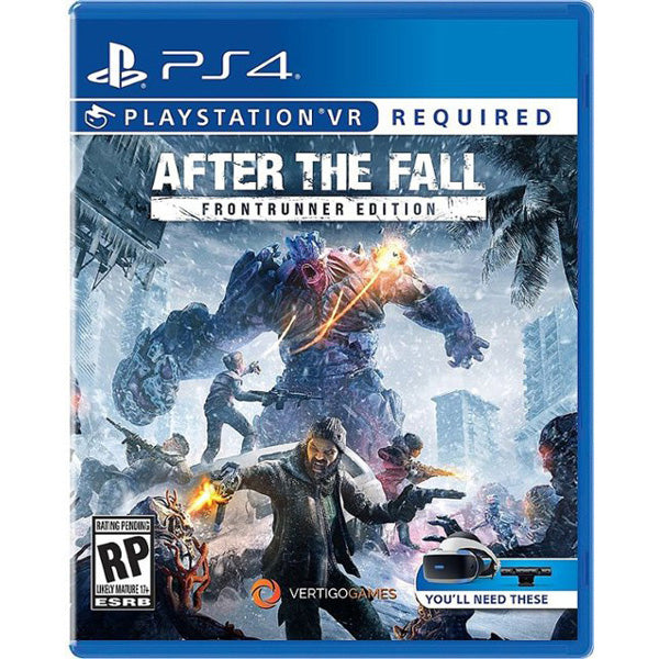 PlayStation VR game cover for 'After the Fall' with action scene and characters.