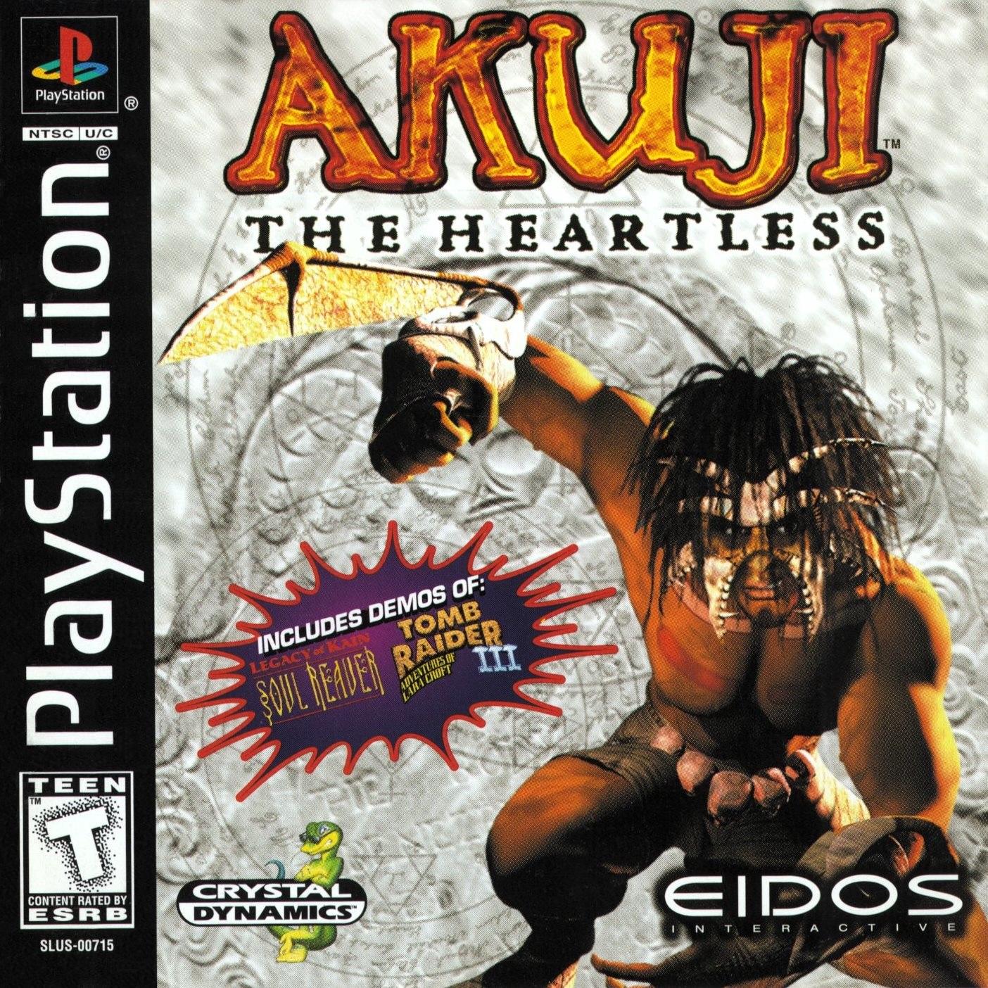 Game cover of 'Akuji: The Heartless' for PlayStation with a character holding an axe.
