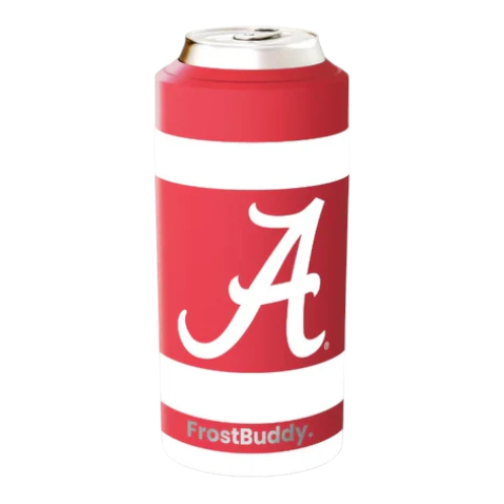 Red can cooler with a white 'A' logo on a white background
