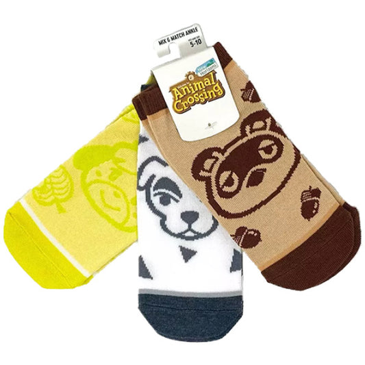 Three pairs of socks with animal Crossing design on a white background