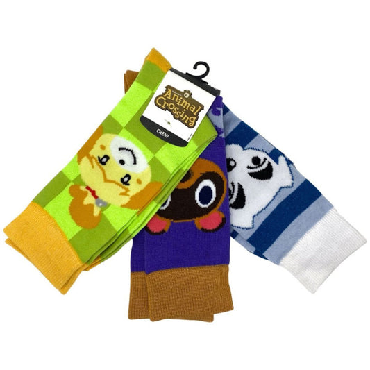 Three pairs of socks with cartoon characters on a white background, featuring the 'Animal Crossing' brand.