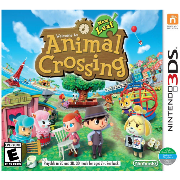 Cover of 'Animal Crossing: New Leaf' for Nintendo 3DS with characters and village scene.