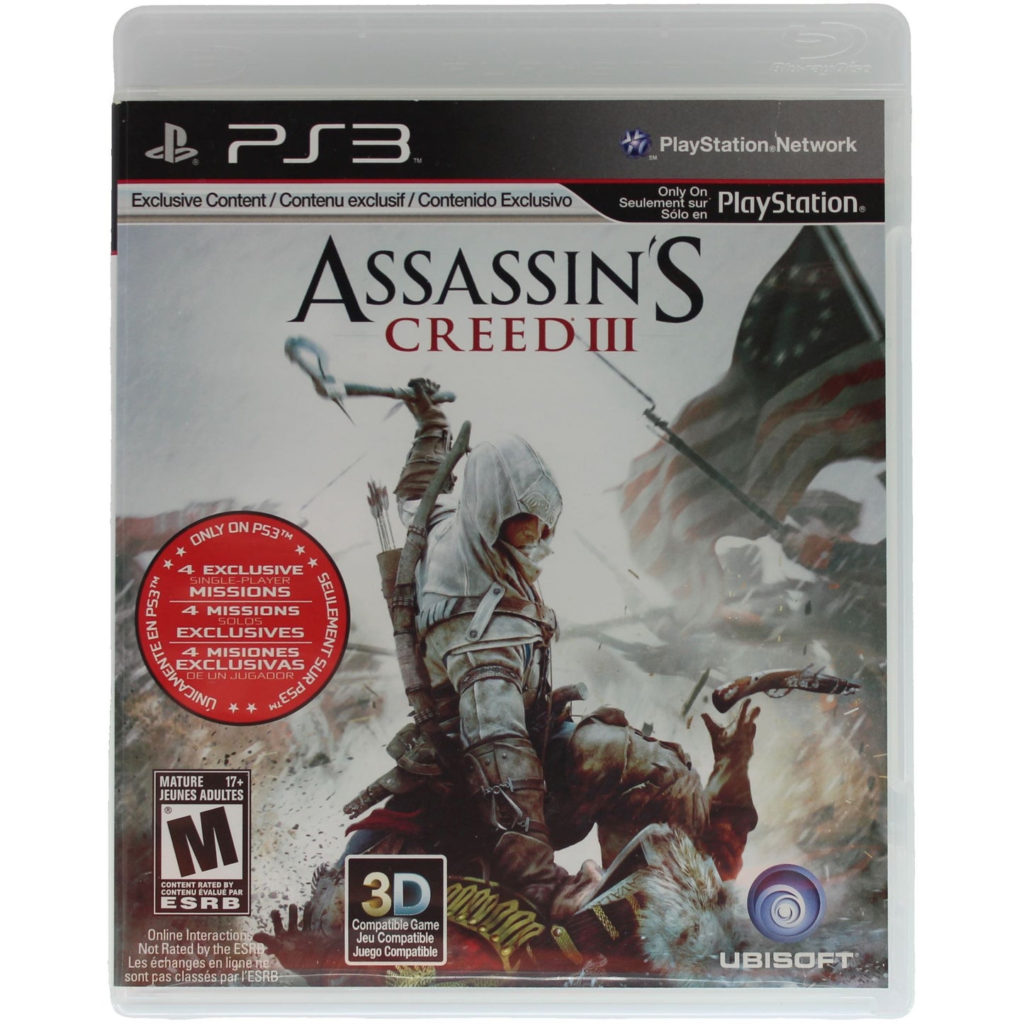 Assassin's Creed III game case for PS3 with character and American flag on cover