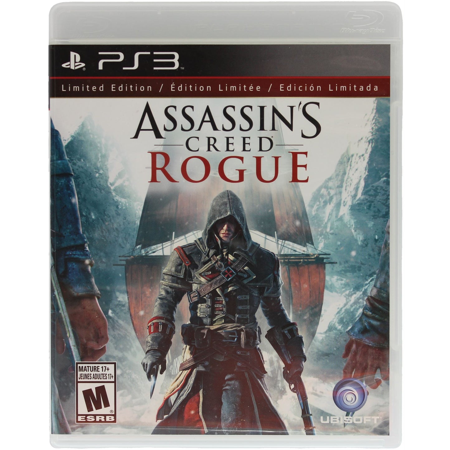 Assassin's Creed Rogue game case for PS3 with character and mountain background