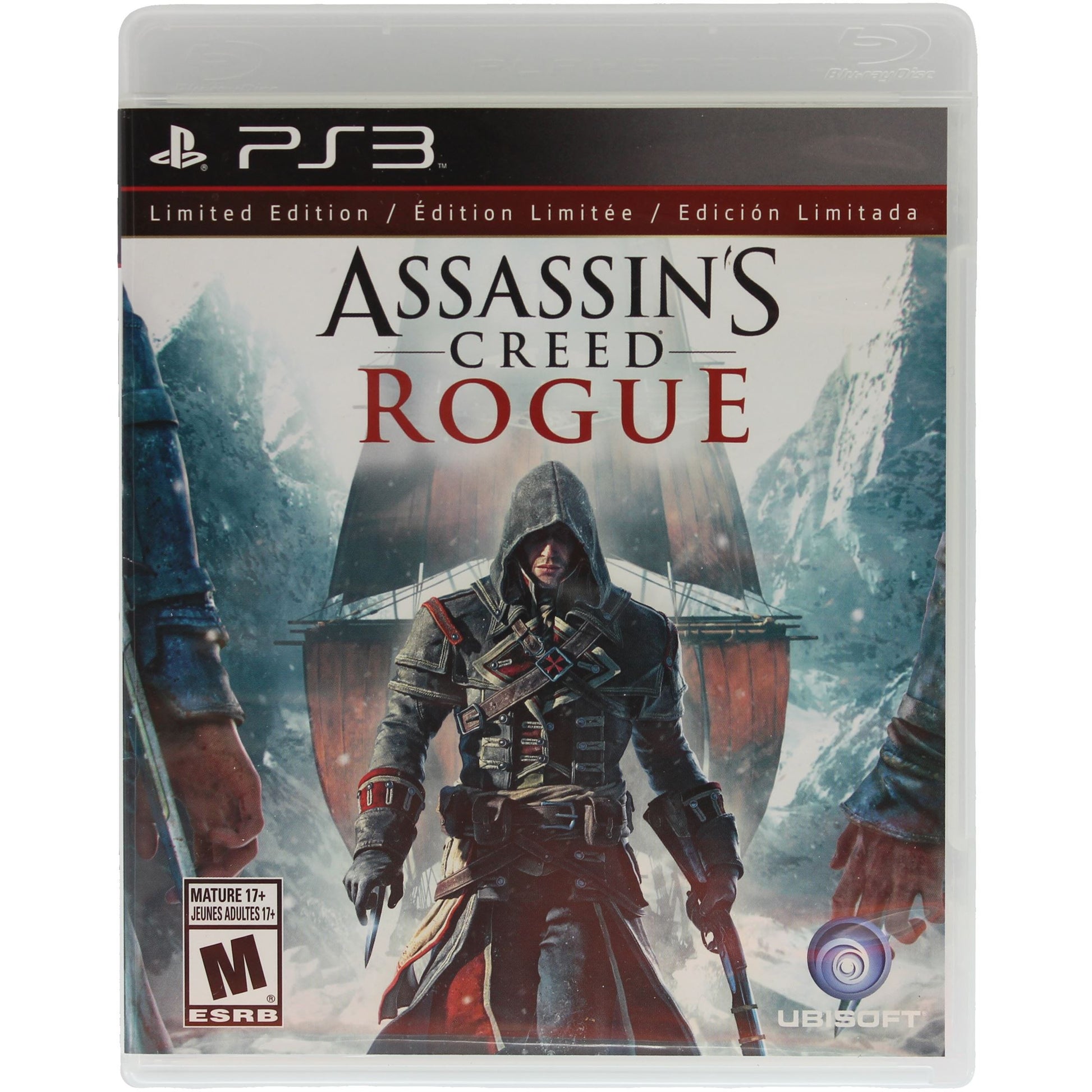 Assassin's Creed Rogue game case for PS3 with character and mountain background