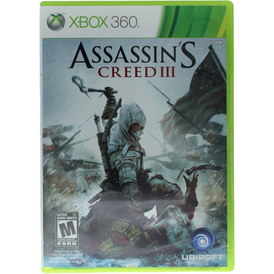 Assassin's Creed III game case for Xbox 360 with character and flag design on a white background